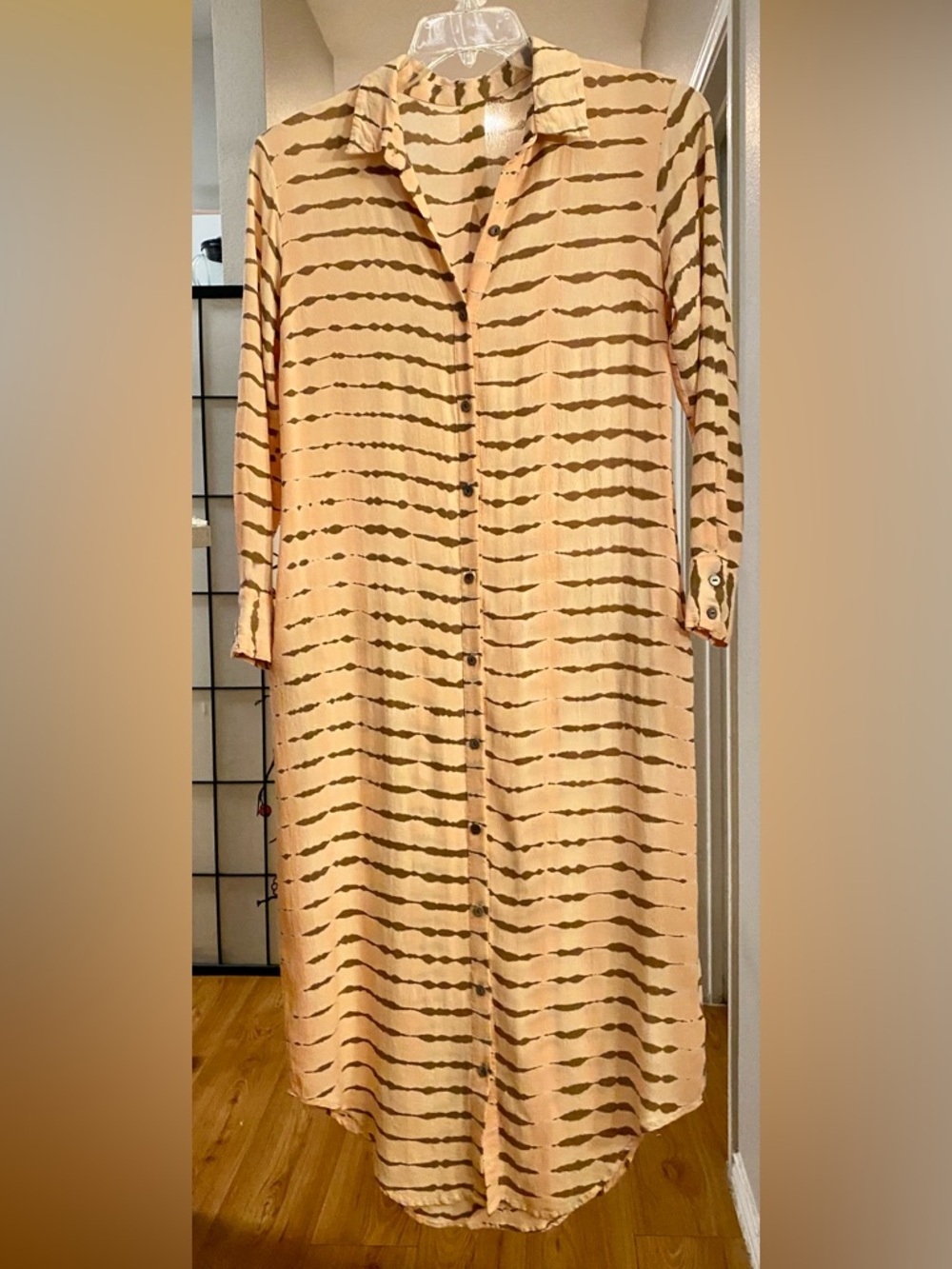 Women’s Long Button-Front Pink Striped Shirt Dress - Size Large - EUC!